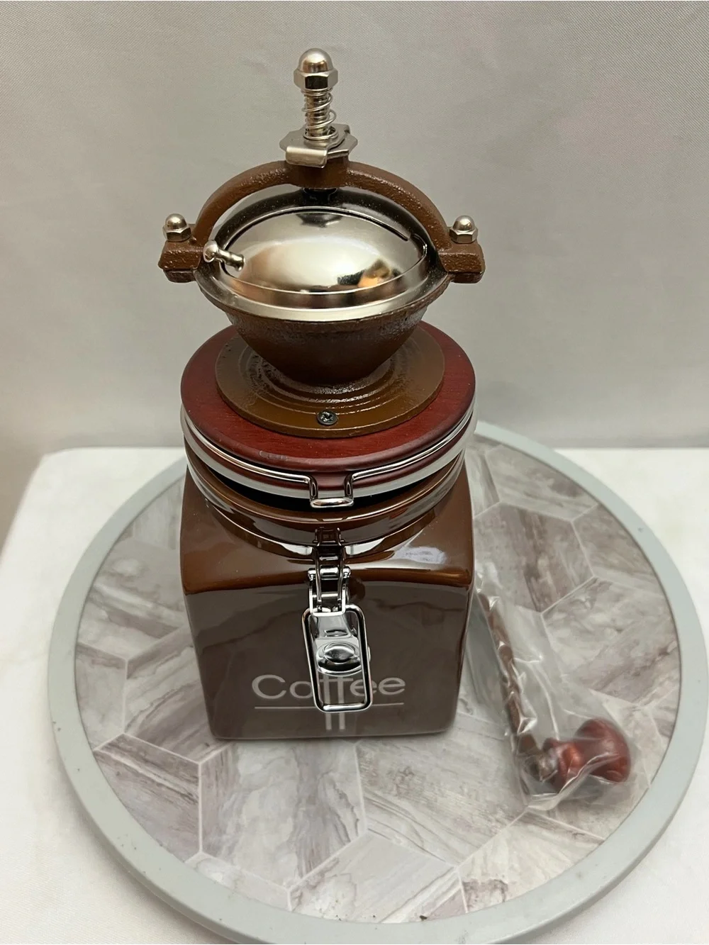 HuesNBrews Ceramic Coffee Grinder Canister Manual Hand Crank Brown New in Box